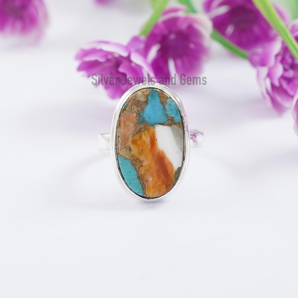 Spiny Oyster Copper Turquoise Ring, Anniversary Ring, Dainty Oval Turquoise Ring, 925 Silver Handmade Ring, Gemstone Ring, Cocktail Ring