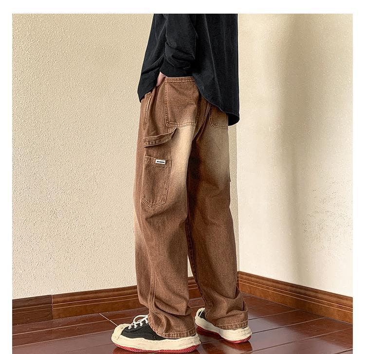 Calça jeans masculina estilo American Retro Brown Wide Leg: Macacões versáteis, folgados e de outono para as ruas da cidade