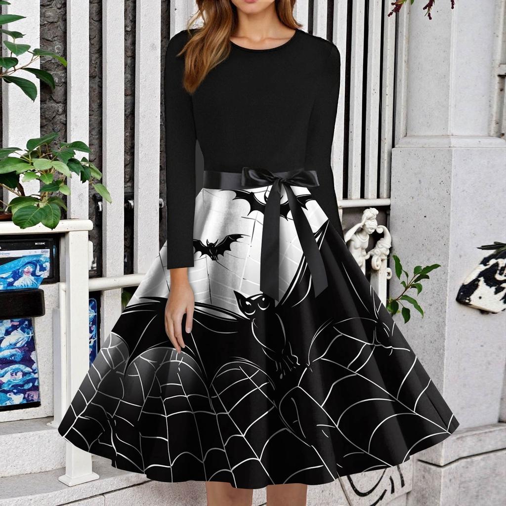 Dámské módní šaty s O-výstřihem, ležérního slim střihu, s halloweenským potiskem a dlouhým rukávem