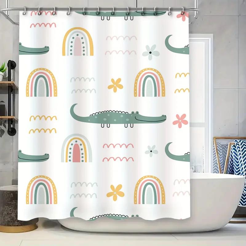 Cute Cartoon Alligator Printed Shower Curtain Waterproof Bathroom Decor Fabric For Kids Bathrooms Green Rainbow Set 180X200Cm