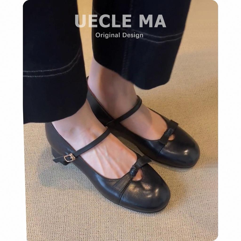Sheepskin version~ retro leather shoes French light mouth single shoes women's thick heel bow versatile black Mary Jane shoes
