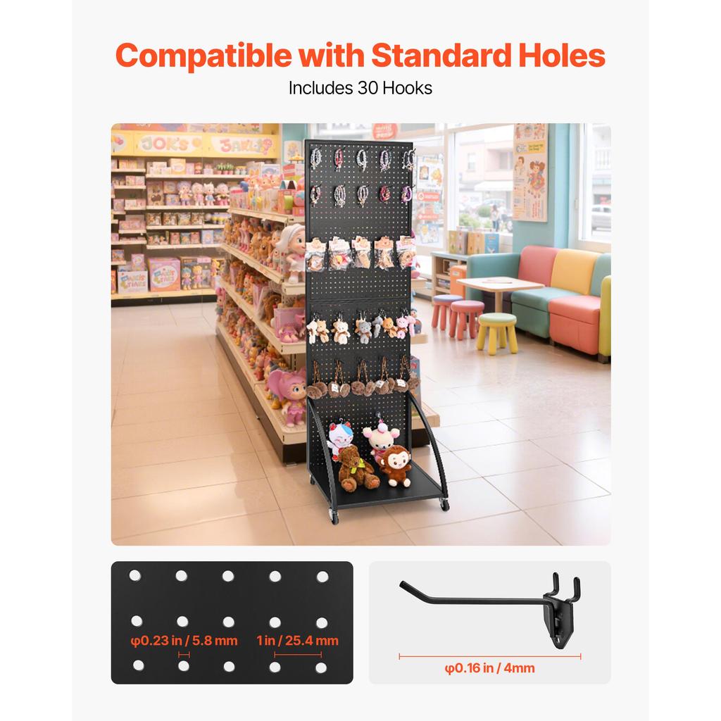 SucceBuy Standing Pegboard Display with Casters & 30 Hooks Thickened Steel Peg Board Panel for Retail Store Jewelry Shop