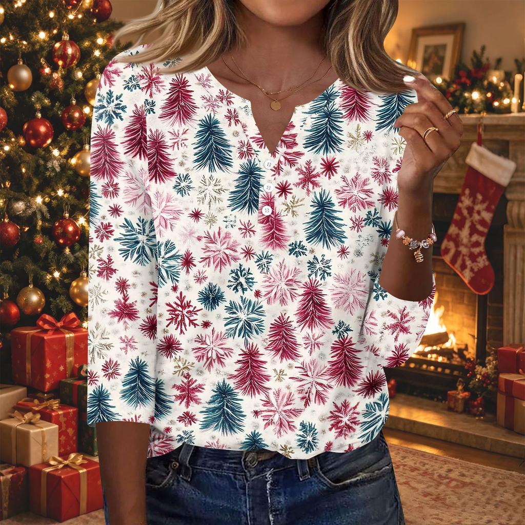 Women's Casual Christmas Print V-Neck 3/4 Sleeve Button-Front T-Shirt