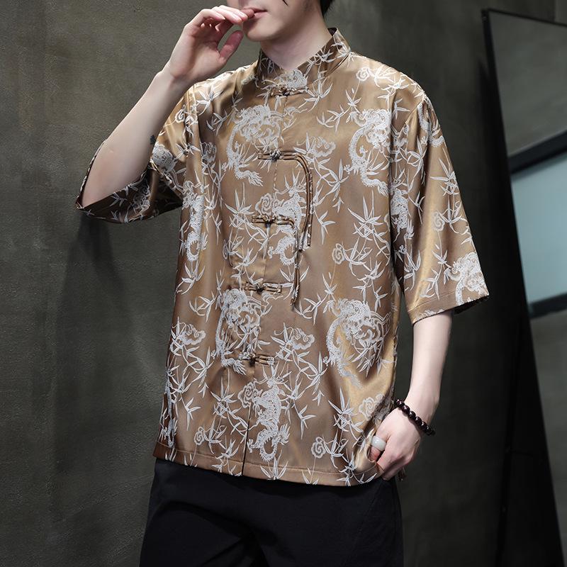 2024 Men's Chinese Style Jacquard Frog Button Tang Suit Shirt, Plus Size, Summer Casual