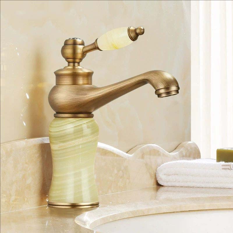Rose Gold Luxury Bathroom Basin Faucet Single Jade Handle Vanity Sink Mixers Water Taps Brass Natural Jade Basin Sink Faucet