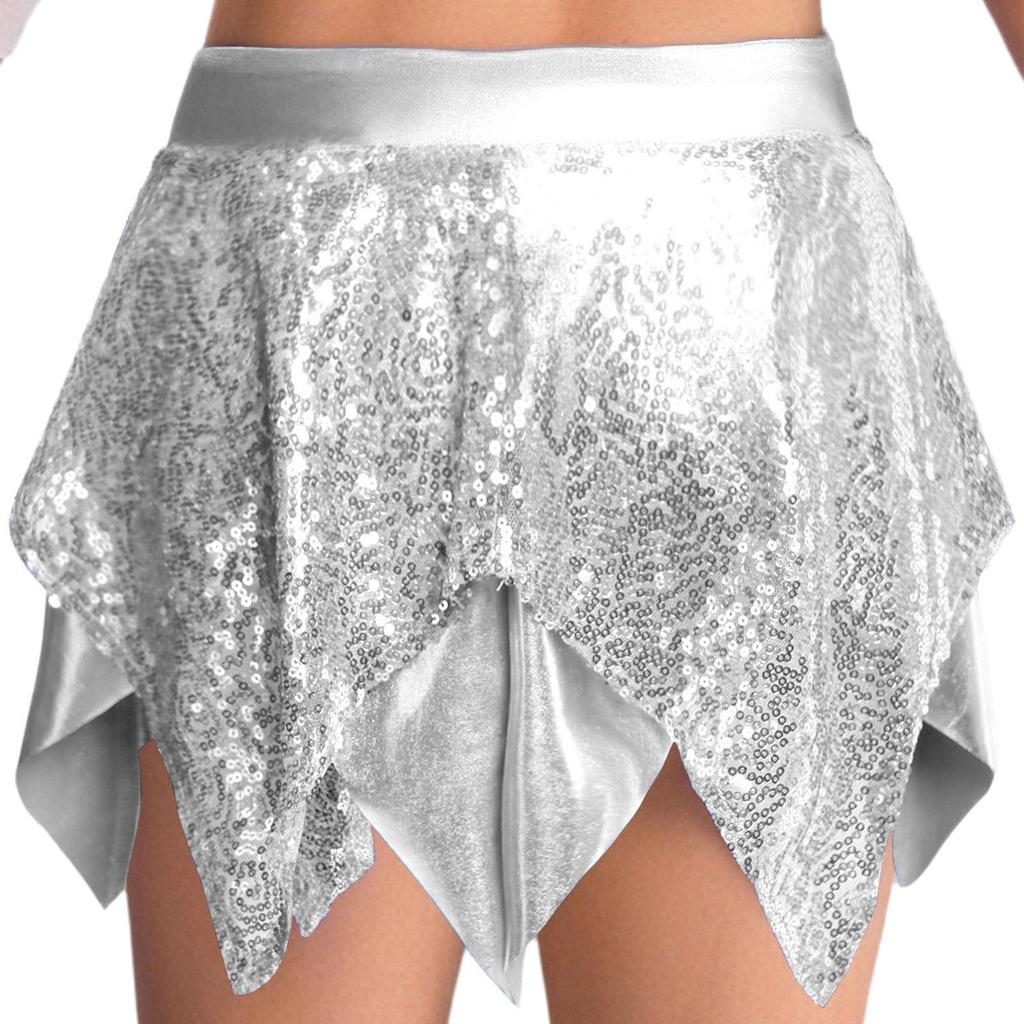 Mädchen Glänzende Pailletten Jazz Tanzkostüm Metallic Asymmetrischer Rock Performance Tanzbekleidung