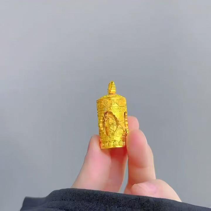 Gold Four-Faced Buddha Prayer Wheel Pendant with Rotatable Sand Gold Barrel Chain