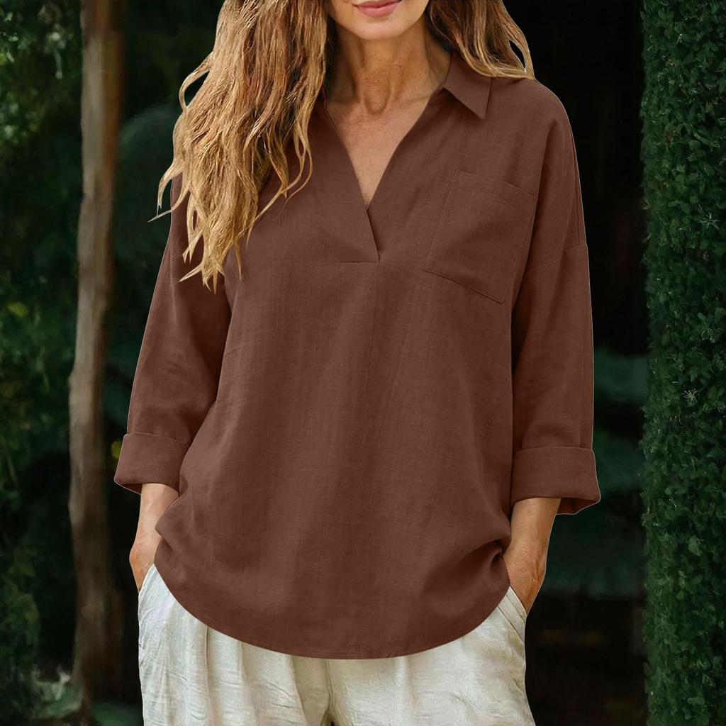 Women's Loose-Fit Cotton-Linen V-Neck Long-Sleeve Shirt With Pockets – -Color Casual Top