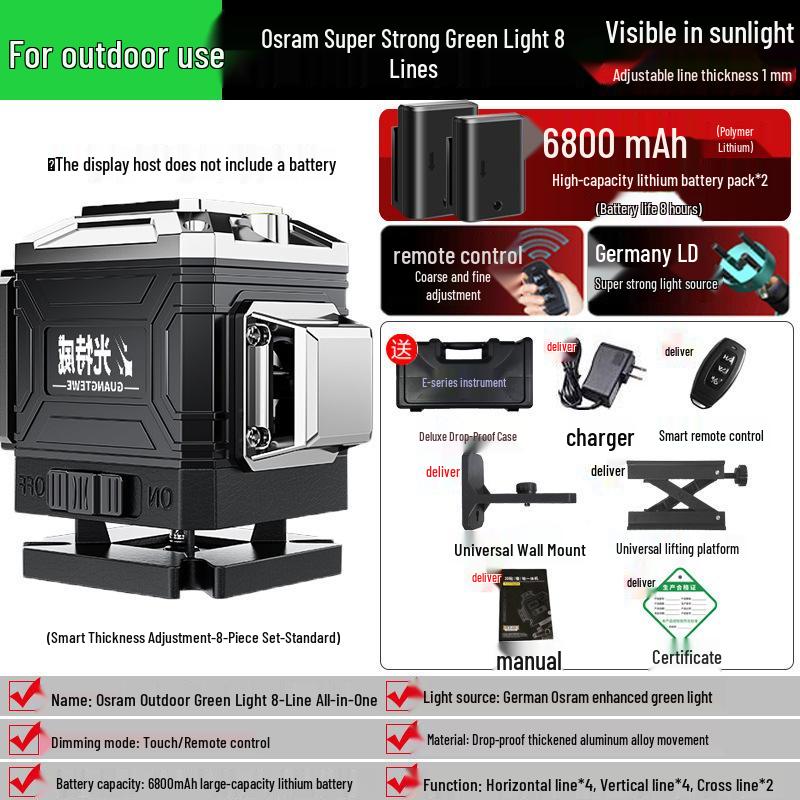 12-Line Green Laser Level with Automatic Leveling for Walls and Floors