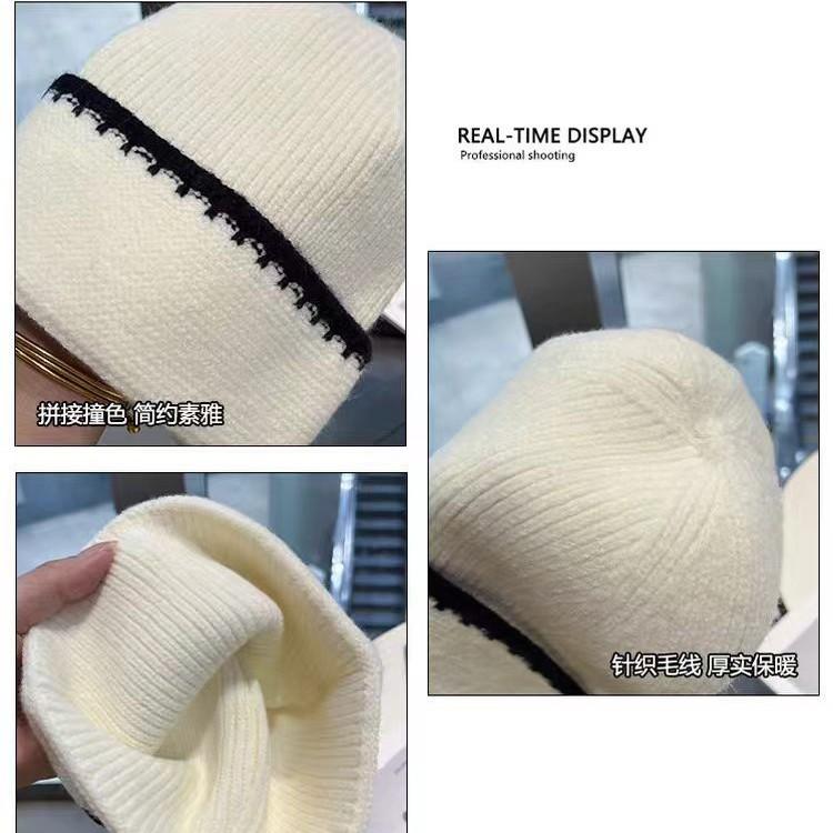 Korean-style Simple Color-block Striped Beanie, a Warm Knitted Hat for Women, Perfect for Autumn and Winter, and Designed To Make the Face Appear