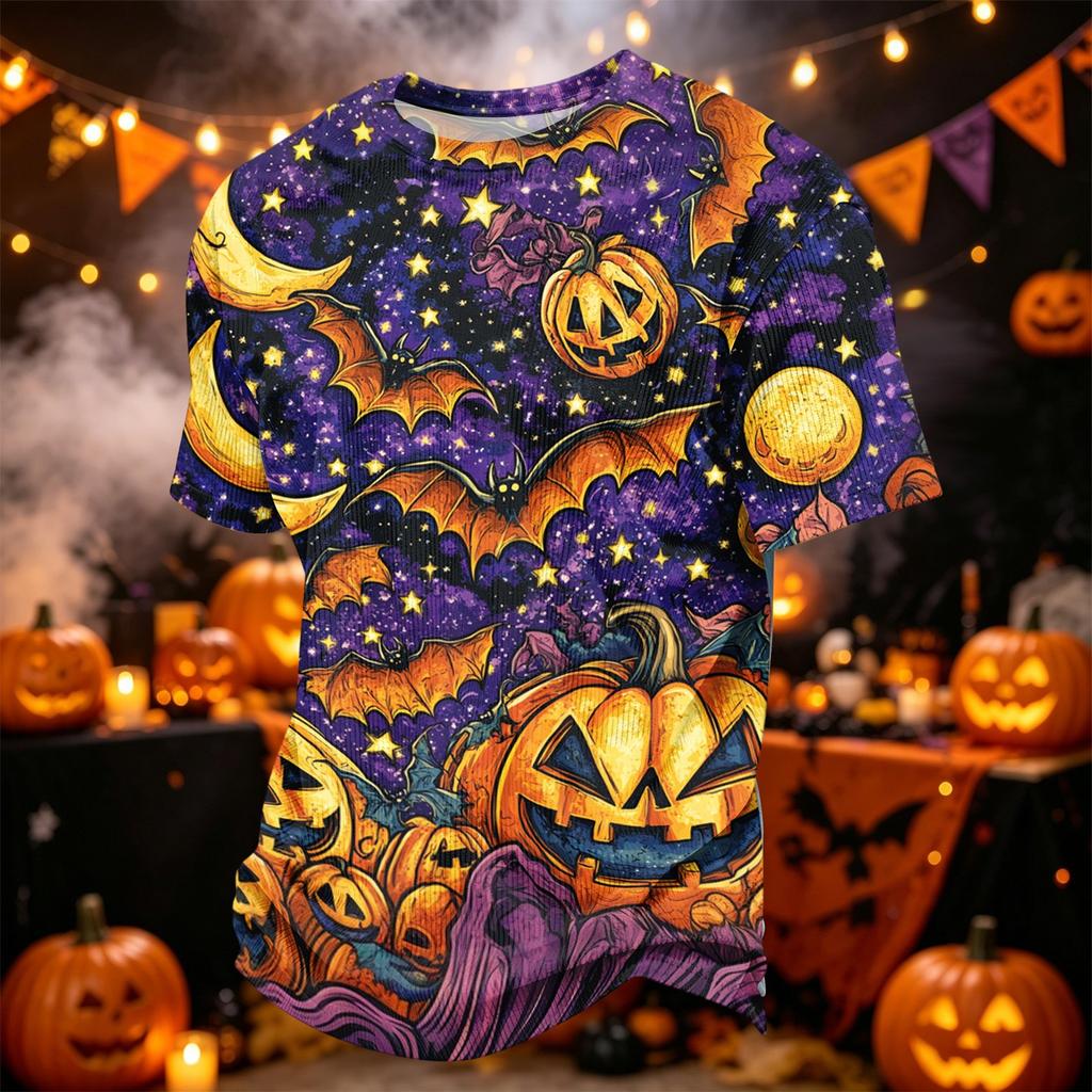 Herren Freizeit-Corduroy-Kurzarmhemd Leicht Atmungsaktiv Rundhalsausschnitt Oberteil Halloween-Muster Design Bequeme Passform