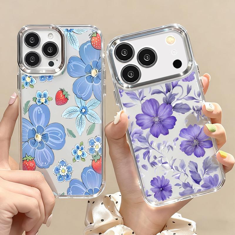 Cartoon Flowers Pattern Case For iPhone 17 Pro Max iPhone 16 15 14 13 Pro Max 11 17e 16e Plating Lens Frame Clear Soft Silicone Back Cover