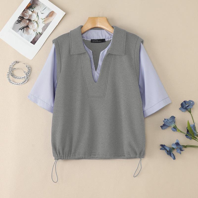 

ZANZEA Женская повседневная блузка с коротким рукавом, пэчворк в полоску, имитация двойки 5XL серый