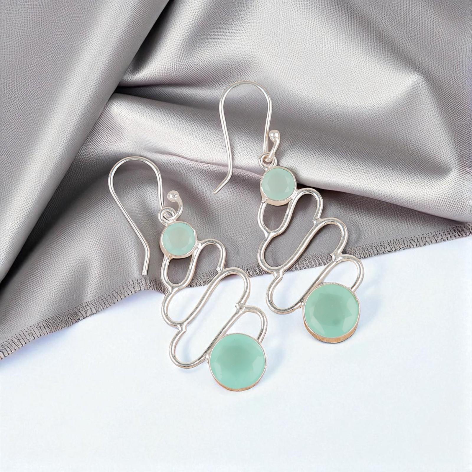 

Аква Халцедон Драгоценный Камень 925 Стерлинговое Серебро Ювелирные Изделия Ручной Работы Серьги 2.13 EE-84-16