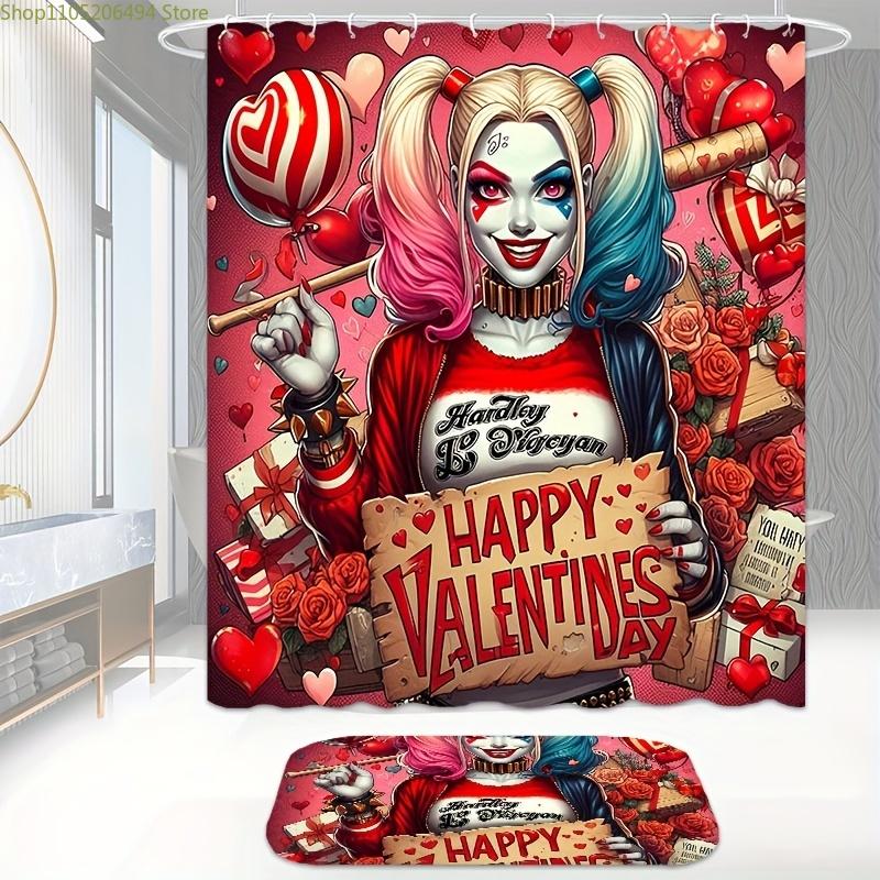 Warner Bros. 4pcs Joker & Harley Quinn Shower Curtain Set with 12 Hooks, Non-Slip Bath Mat, Toilet Lid Cover, and U-Shaped Mat