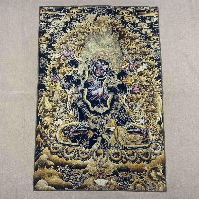 35"Thangka Embroidery Tibetan Buddhism silk Embroidery six arm Mahakala Vajra Buddha Thangka hanging screen Town house