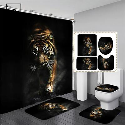 Duschvorhang-Set mit Aufdruck „Schwarzer Tiger“ und Tieren, Badezimmer-Badewand, rutschfester Toilettendeckelbezug, Teppich, Teppiche, Küche, Heimdekoration