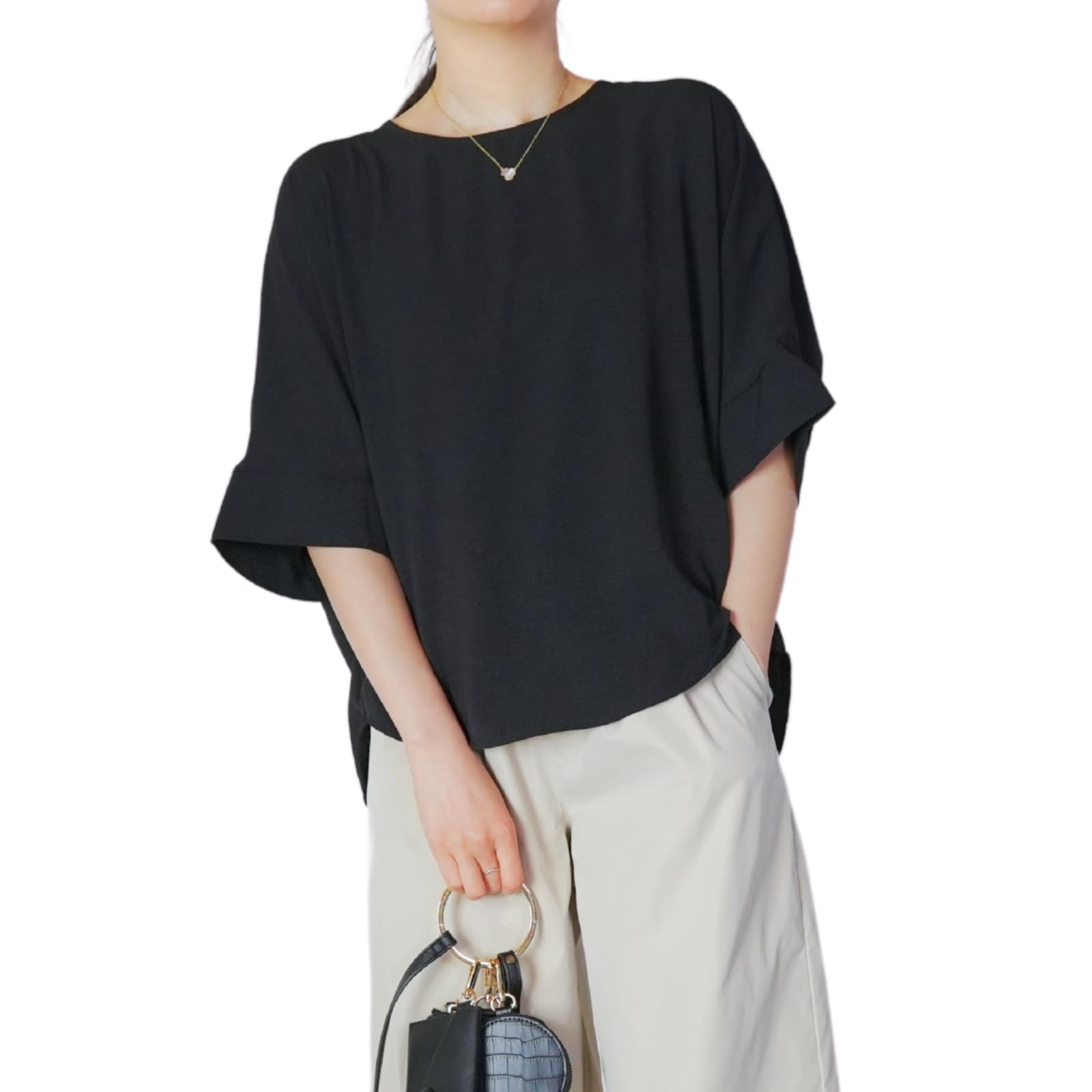 

Блузка для офиса свободного кроя долман с круглым коротким рукавом 5/8, женская, сшитая, весна/лето, рукав, повседневная, строгая, посадка, драпировка, чёрный