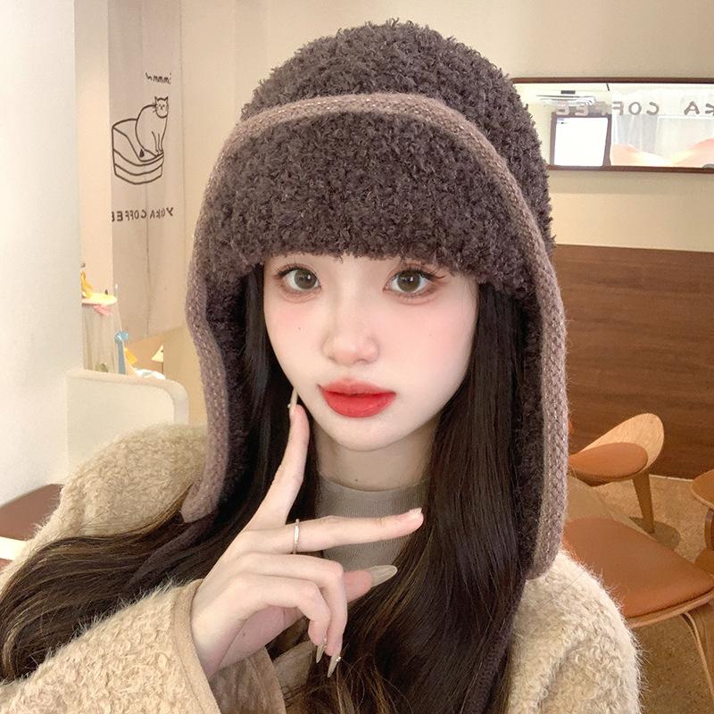 New Autumn and Winter Knitted Hat Outdoor Cold Proof and Warm Woolen Hat Korean Style Lamb Wool Versatile Small Ear Protection Hat with A Face