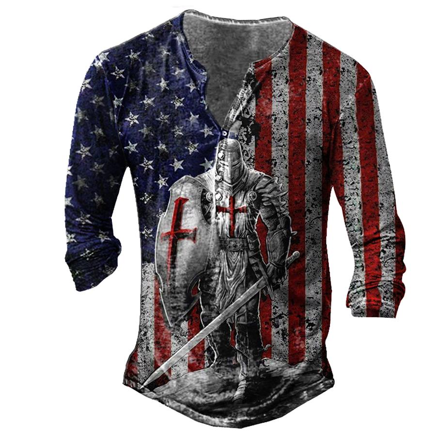 Men Clothes Autumn Casual Long Sleeve Round Neck Button T Shirt Men Sport 3D Digital Print Tops Henry's Shirt