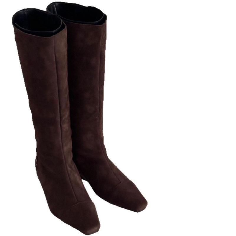 Design sewing thread retro 2025 winter new pointed head inner height increase suede tall tube western cowboy boots women