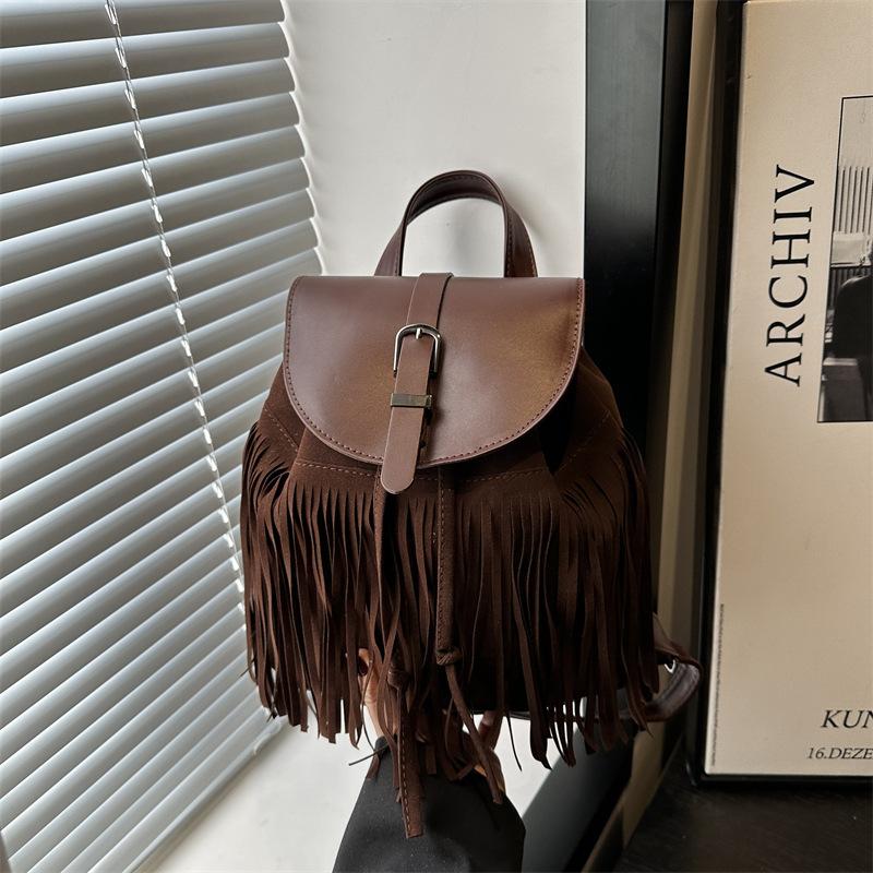 

Retro simple fringed backpack female 2025 new student class commuter backpack foreign style texture trendy schoolbag