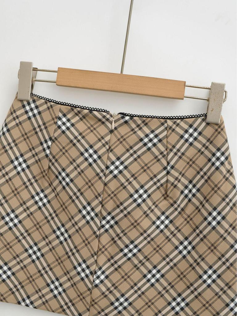 AY727-25 Autumn Plaid Skirt with Lace Waistband and Bow Detail