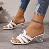 Fashion Wear Transparent and Flip-flops Summer New Square Head Open Toe Crystal Flower Hollow-out Non-slip High Heels