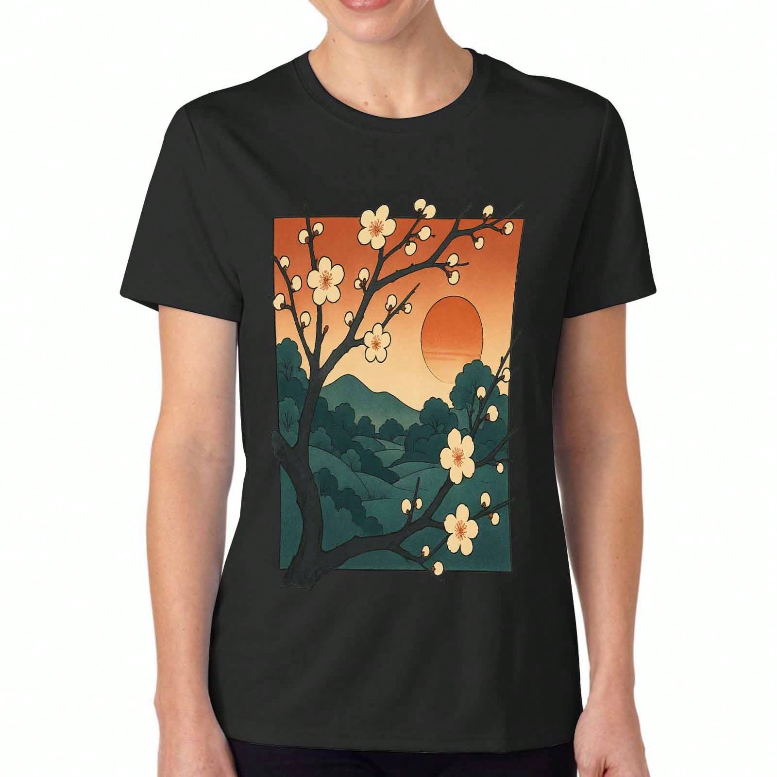 Plum Blossom Sunrise Women s Cotton T Shirt, Pure Cotton Premium Print, Durable, Casual & Fashionable. Artistic Floral Landscape Graphic Tee For Women S разноцветный