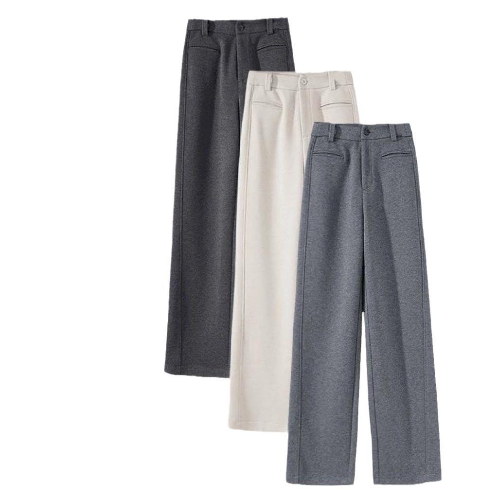 Women's High-Waist Gray Woolen Wide-Leg Pants - Fleece-Lined for Autumn/Winter, Thickened Drape, Narrow Straight-Leg Design