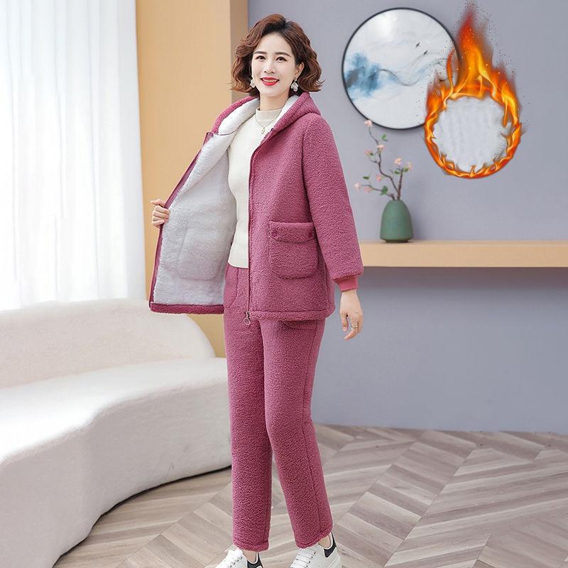 Mother Winter Plus Velvet Thick Cotton-padded Suit, Women's Fashion Temperament, Windproof and Warm Cotton-padded Trousers, Two-piece Suit