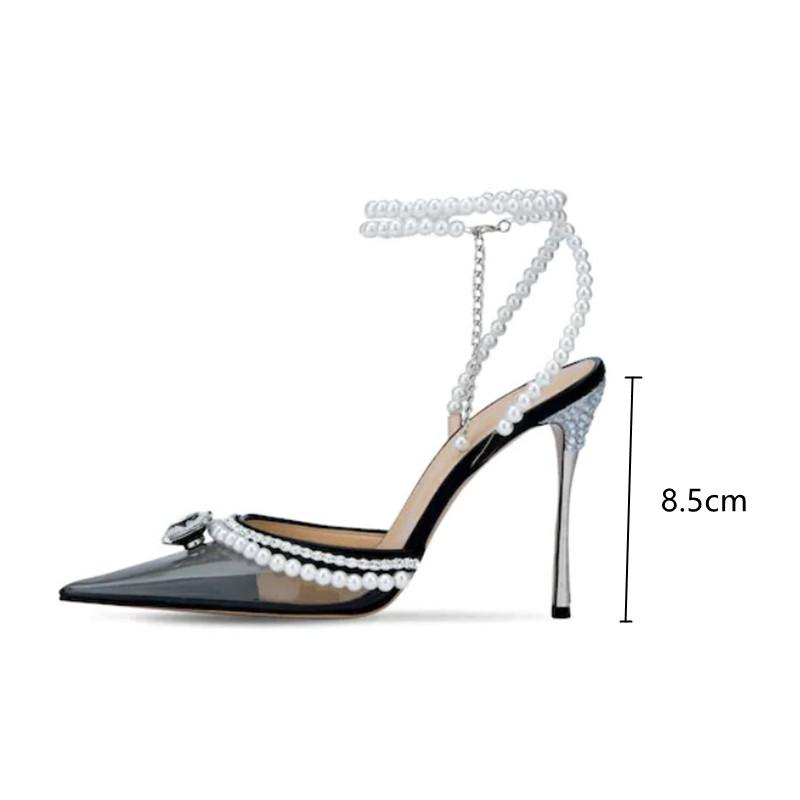 Luxury Rhinestones Pearls Women Pumps Transparent PVC Ankle strap Sexy Party High heels Spring Summer Wedding Prom Shoes