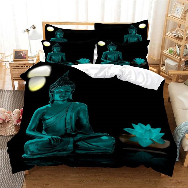 Mandala Buddha Duvet Cover Set King Size Exotic Ethnic Bohemian Bedding Set Golden Black Lotus Flowers Print Gorgeous Women Men