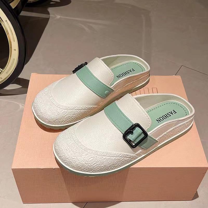 New autumn half-drag girls fashion casual flat-bottomed outer wear one pedal women's bag head sandals buckle half slippers women