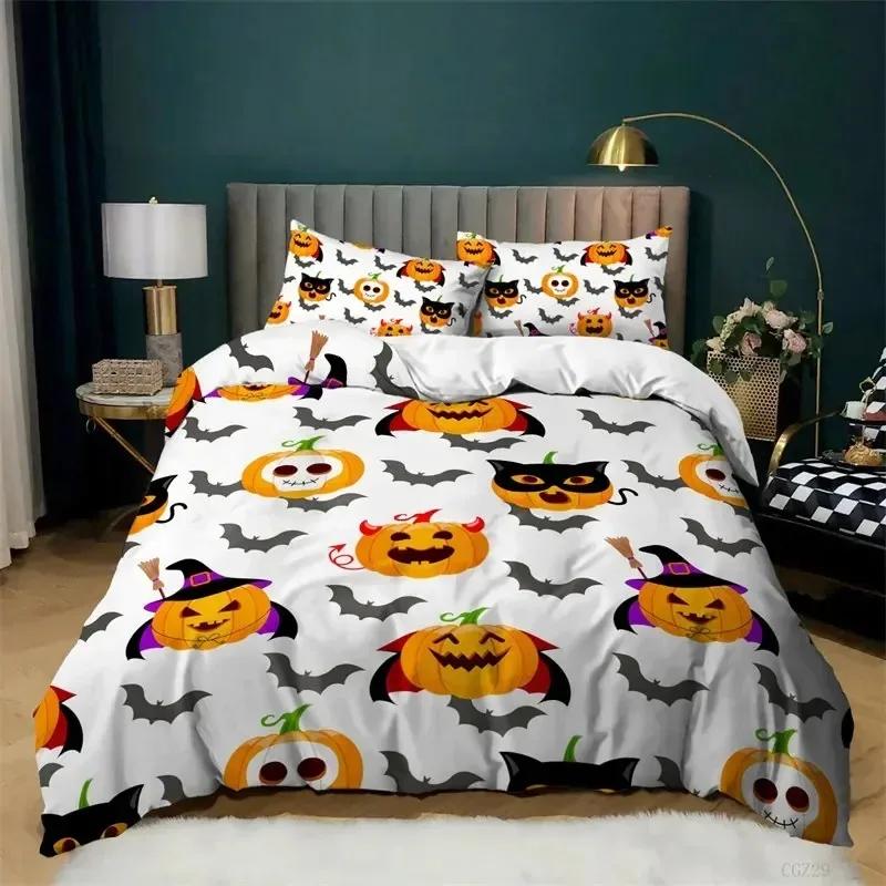 Cartoon Pumpkin Duvet Cover Gothic Halloween Skull Bedding Set Polyester Lantern Ghost Comforter Cover King For Boys Girls Decor