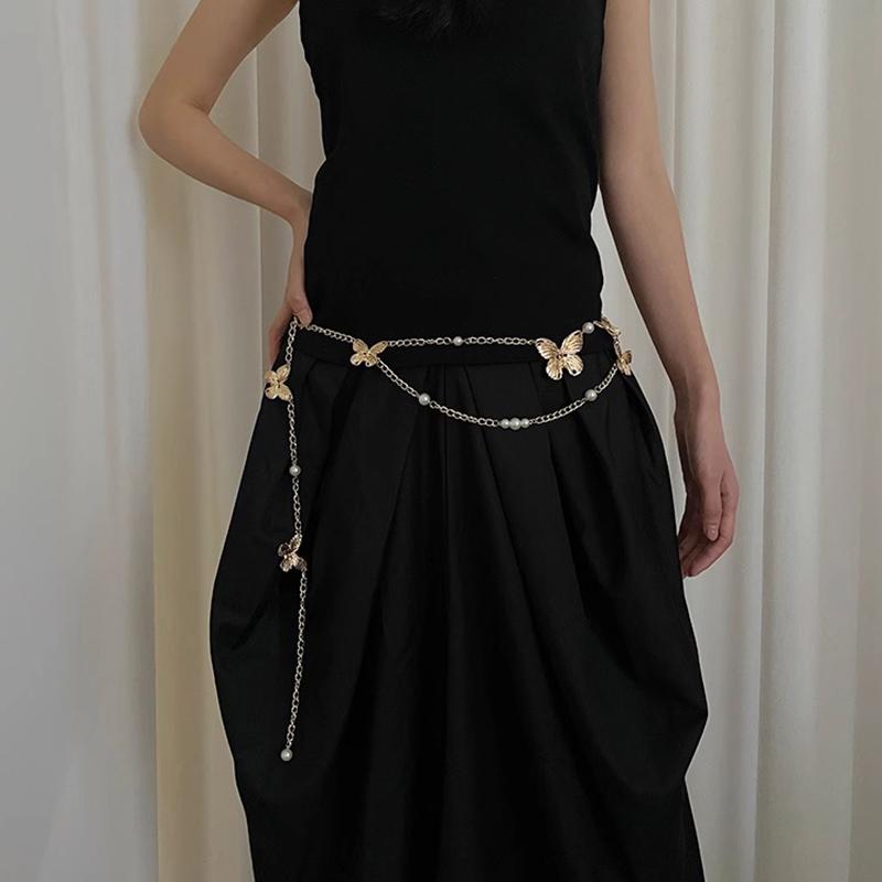 Fashion Multilayer Imitation Pearl Butterfly Waist Chain Women Retro Bohemian Ethnic Style Body Chains Dress Accessories Gifts