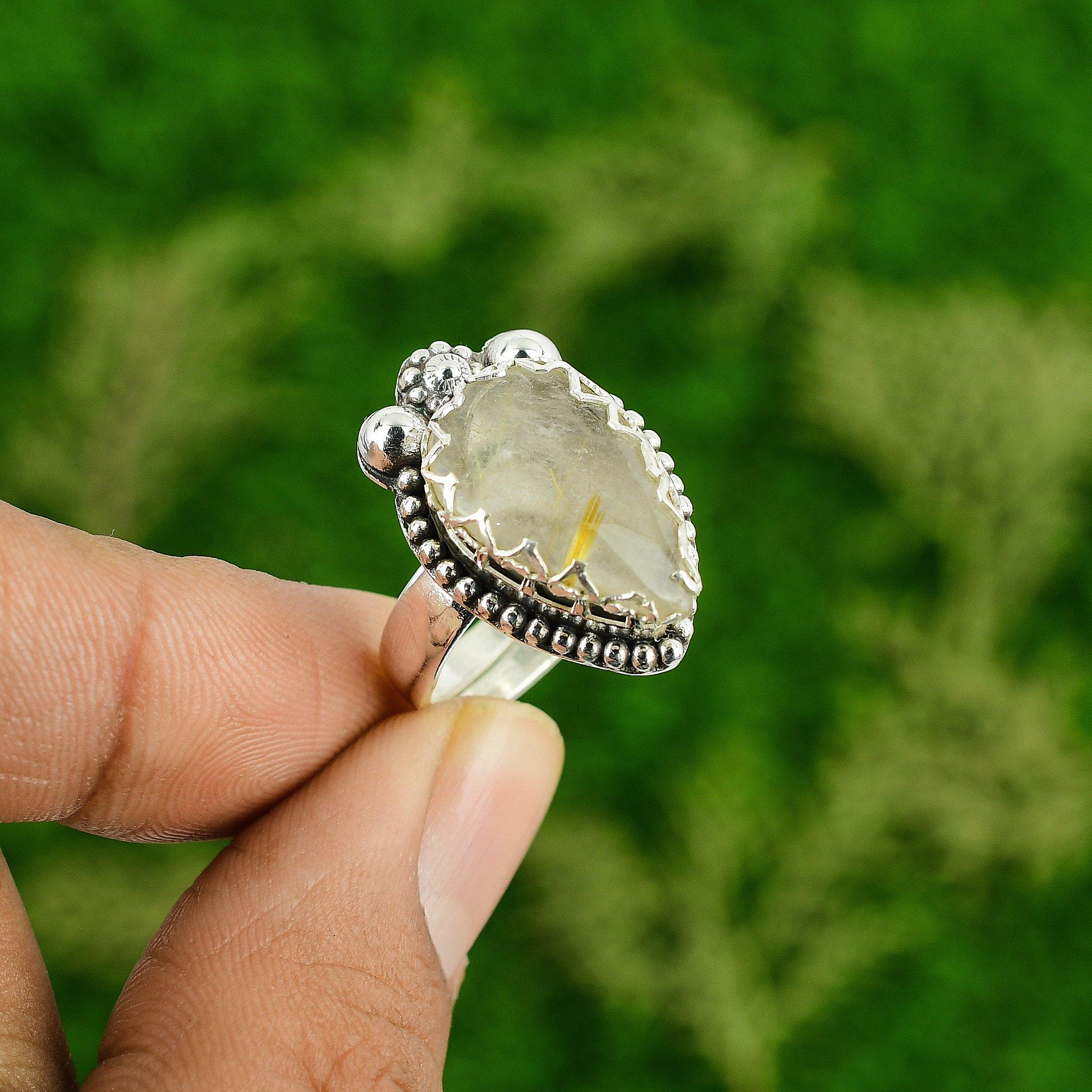 

925 Sterling Silver Pear Natural Golden Rutile Multi Stone Daughter Ring Jewelry Adjustable