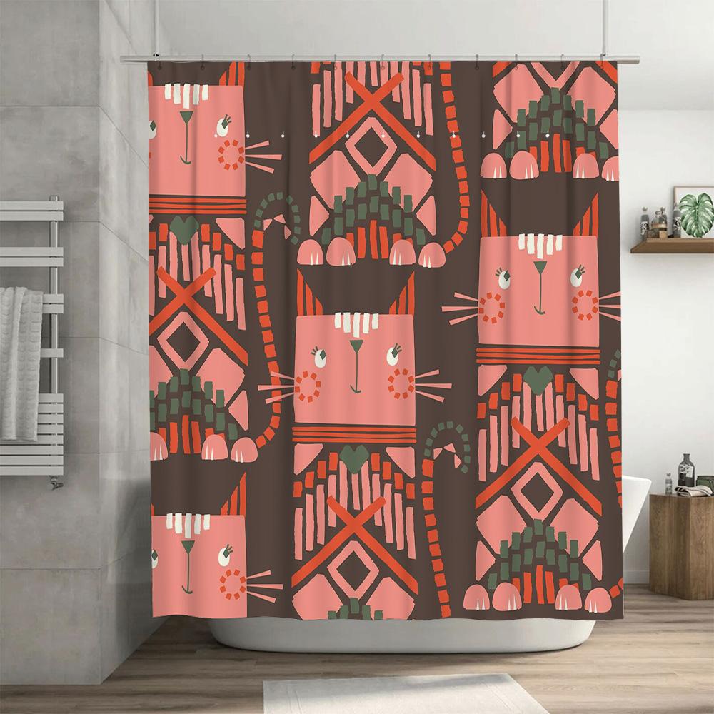 Vintage Geometric Cat Shower Curtain Pink Brown Modern Boho Decor Bathroom Fabric Hanging Waterproof Wall Covering with Hook Unp