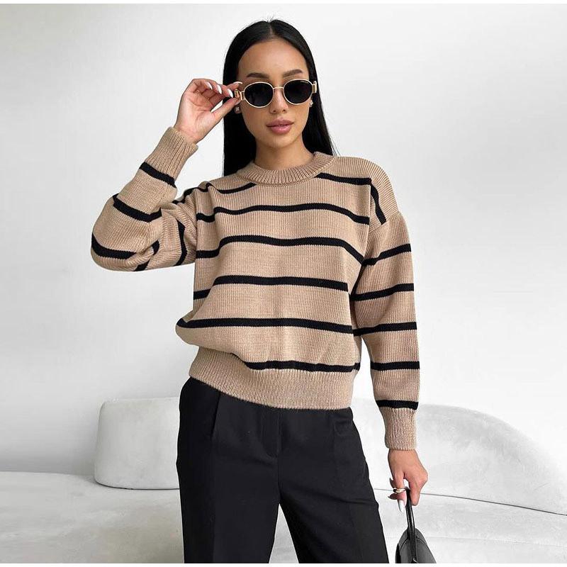 Winter Autumn Loose Round Neck Striped Knitted Pullover Women Long Sleeve Casual O-neck Sweater