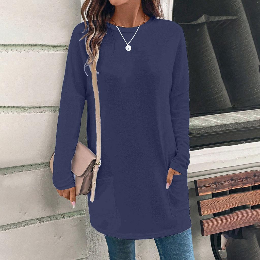 Women's Fashion Casual Solid Color Long Sleeve Loose Crewneck Pocket Top