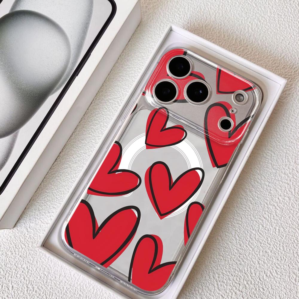 INS Fashion Heart Phone Case For iPhone 17 16 15 14 13 12 Pro Max Plus With Magnetic Crystal Clear Case Wireless Charge