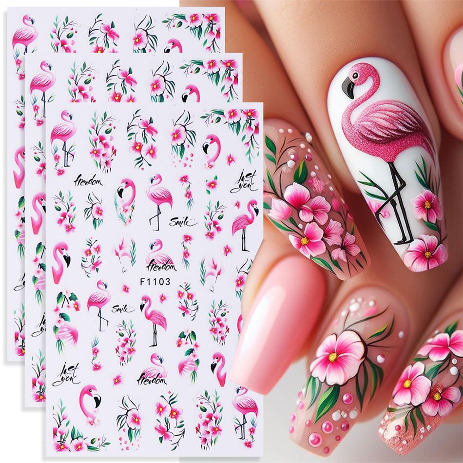 3pcs Pink Flamingo Nail Stickers Flamingo Flowers Leaves Self-Adhesive Nail Decals Slider DIY Manicure Decor Accessories
