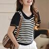 Women's Clothing Real Shot Spring and Summer New Splicing Chiffon Short-sleeved Striped Women's Fake Two-piece Crew Neck Knitted Sweater