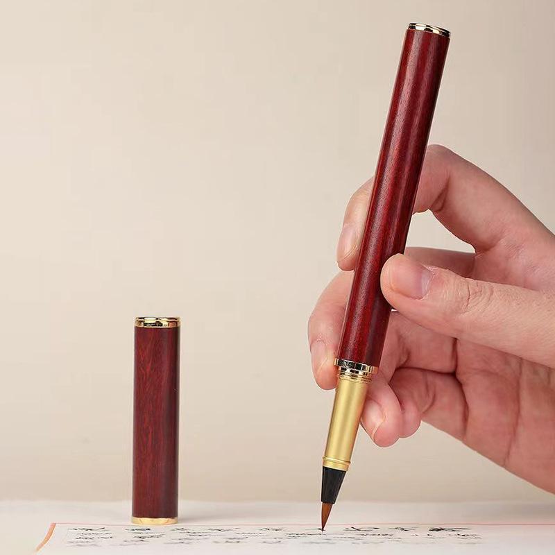 Sandalwood Calligraphy Brush Pen with Replaceable Ink and Nylon Soft Tip for Small Regular Script, Engraving Capable