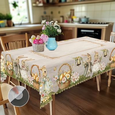 1 Stück Tischdecke mit Vintage-Muster, Wunderschöne Frühlings-Tischdecke mit süßem Hasen und goldenem Ei, Florale rechteckige Tischdecke, Dekorative Tischdecke, Küchenzubehör