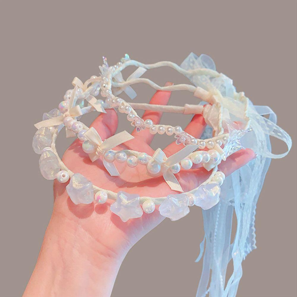 Bílý princeznovský vlasový obruč Roztomilá dětská čelenka Elegantní perlová mašle Vlasové pásky pro děti