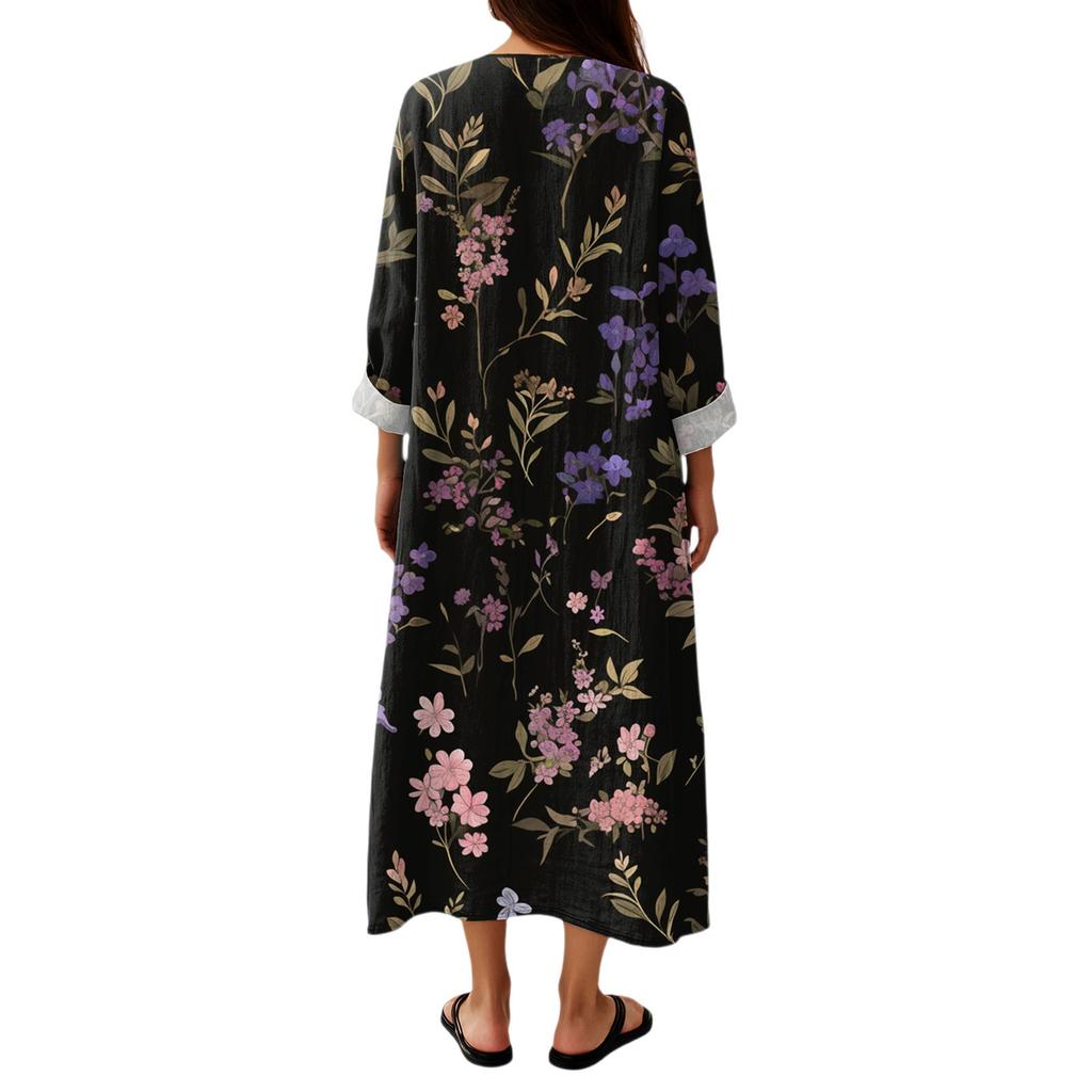 Women's Casual And Fashionable V-Veck Flower Print Long Sleeved Dress Long Sleeved Dress