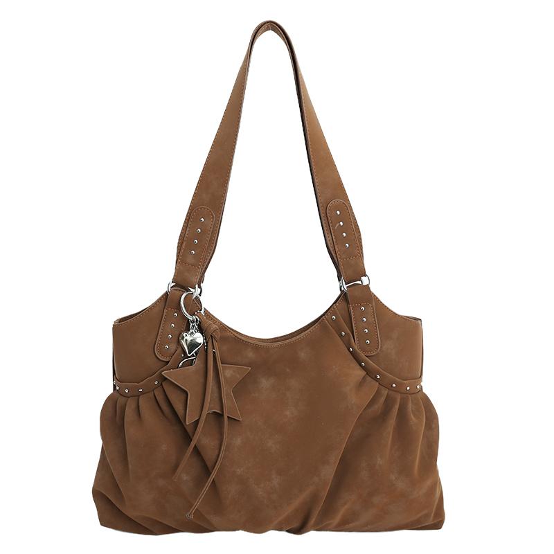 

Faux Suede Rivet Zipper Solid Color Casual Tote 2026 Winter New Versatile Bags Design Temperament Fashi Women s Handbags коричневий