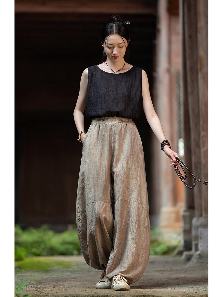 Damen-Retro-Leinenhose mit Batikmuster und weitem Bein im Laternen-Stil