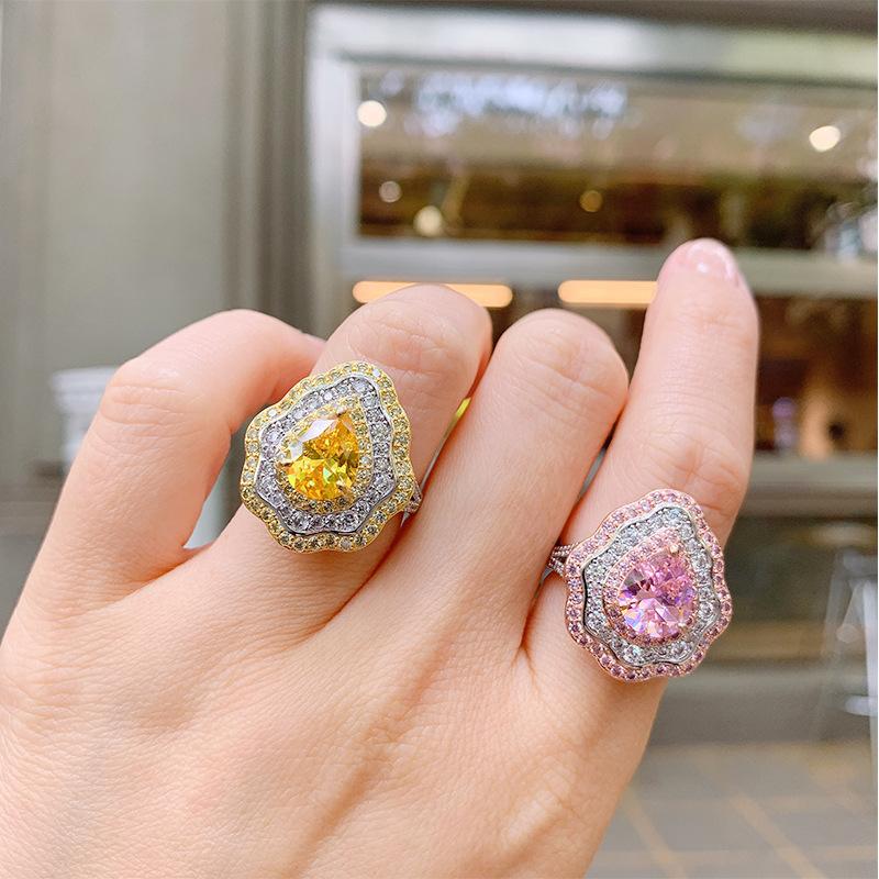 New Pink Ring With Micro Inlaid Pear Shaped Colored Jewelry Retro Exaggerated Zircon Female